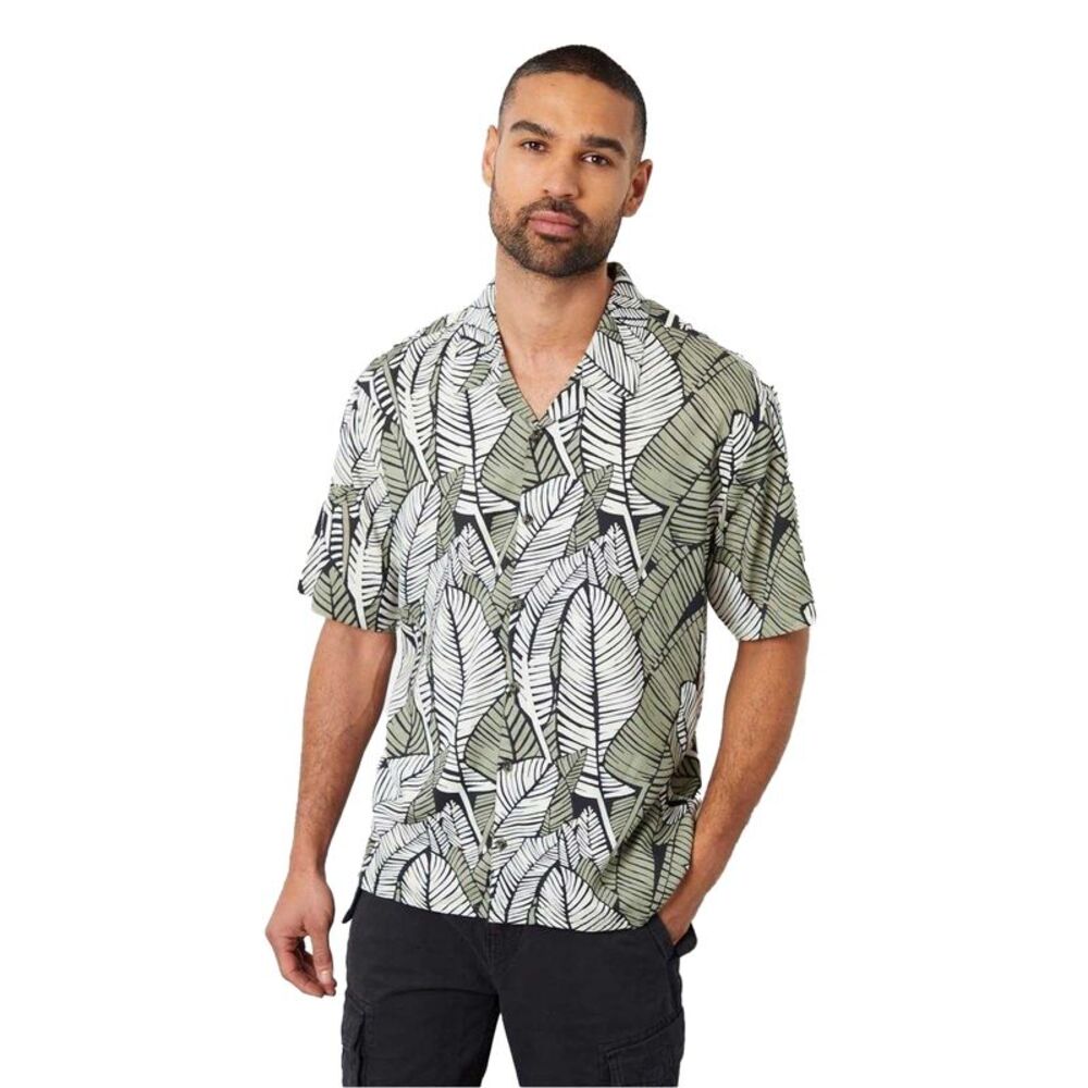 Threadbare Mens Leaf Print Relaxed Fit Shirt / Black